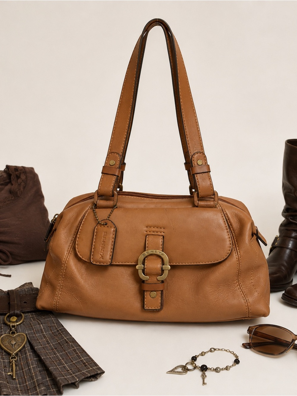 Y2K Genuine Leather Brown Shoulder Bag 🤎 Vintage 2000s Purse Boho Bowler Bag